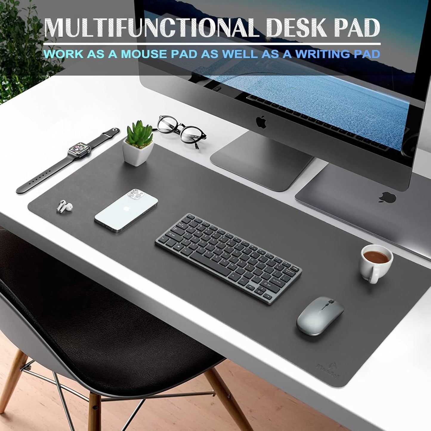 K KNODEL Large Office Leather Desk Mat, Mouse and Keyboard Pad, Computer and Laptop Mat, Desktop Protector and Cover, Writing Pad and Blotter (31.5"x15.7", Dark Gray)