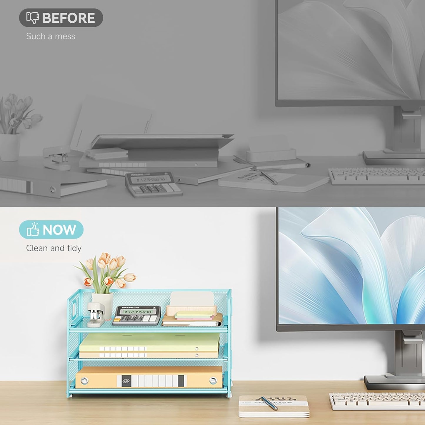 Subekyu 3 Tier Paper Desk Organizer with Handle and 1 PC Slideable Letter Tray, A4 Paper File Folder Sorter Metal Mesh Organizer for Home Office School Desk Supplies Organization Storage, Blue