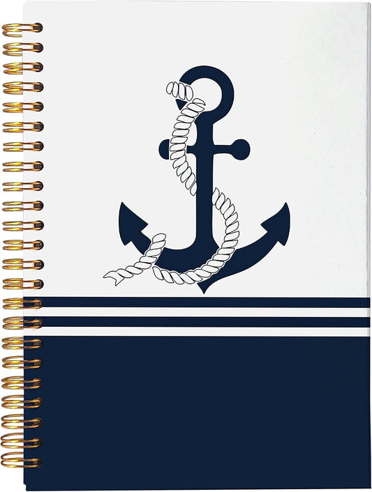 Navy Nautical Anchor Rope Ship Steering Wheel Lined Spiral Journal Notebook 8.3×5.5 Inches Hardcover College Ruled Notebook for Work Note Taking Journaling,Ocean Lover Gifts,Sailor Gifts