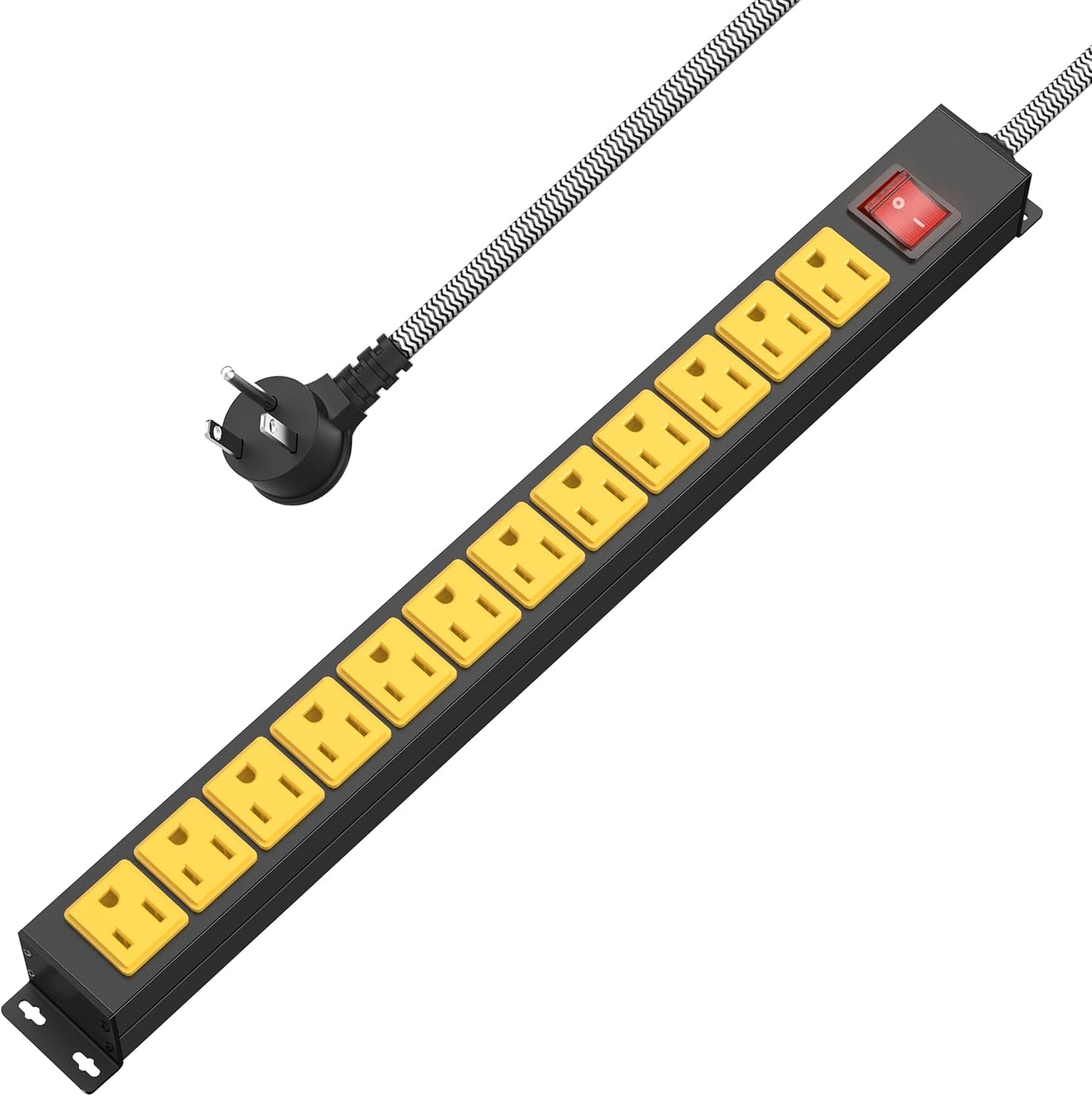 12 Outlet Heavy Duty Power Strip with 15A Circuit Breaker,Metal Wall Mount Power Strip for Garage Workshop Industrial 1200J 15A 125V 1875W 6ft Cord