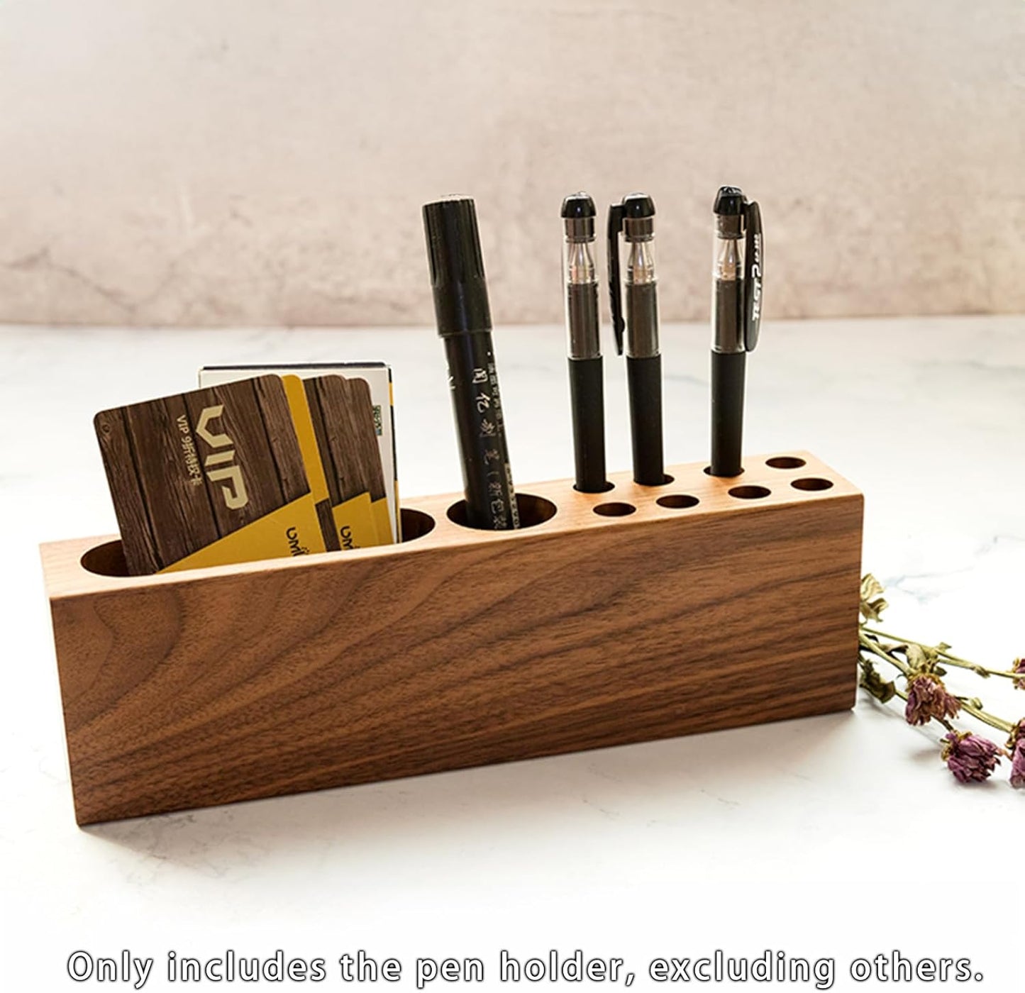 LiTY Pen Holder for Desk, Acacia Wooden Pencil Stand, Solid Wood Business Card Holder, Fountain Pen Organizer, Minimalist Aesthetic Office Stationery Desk Decor