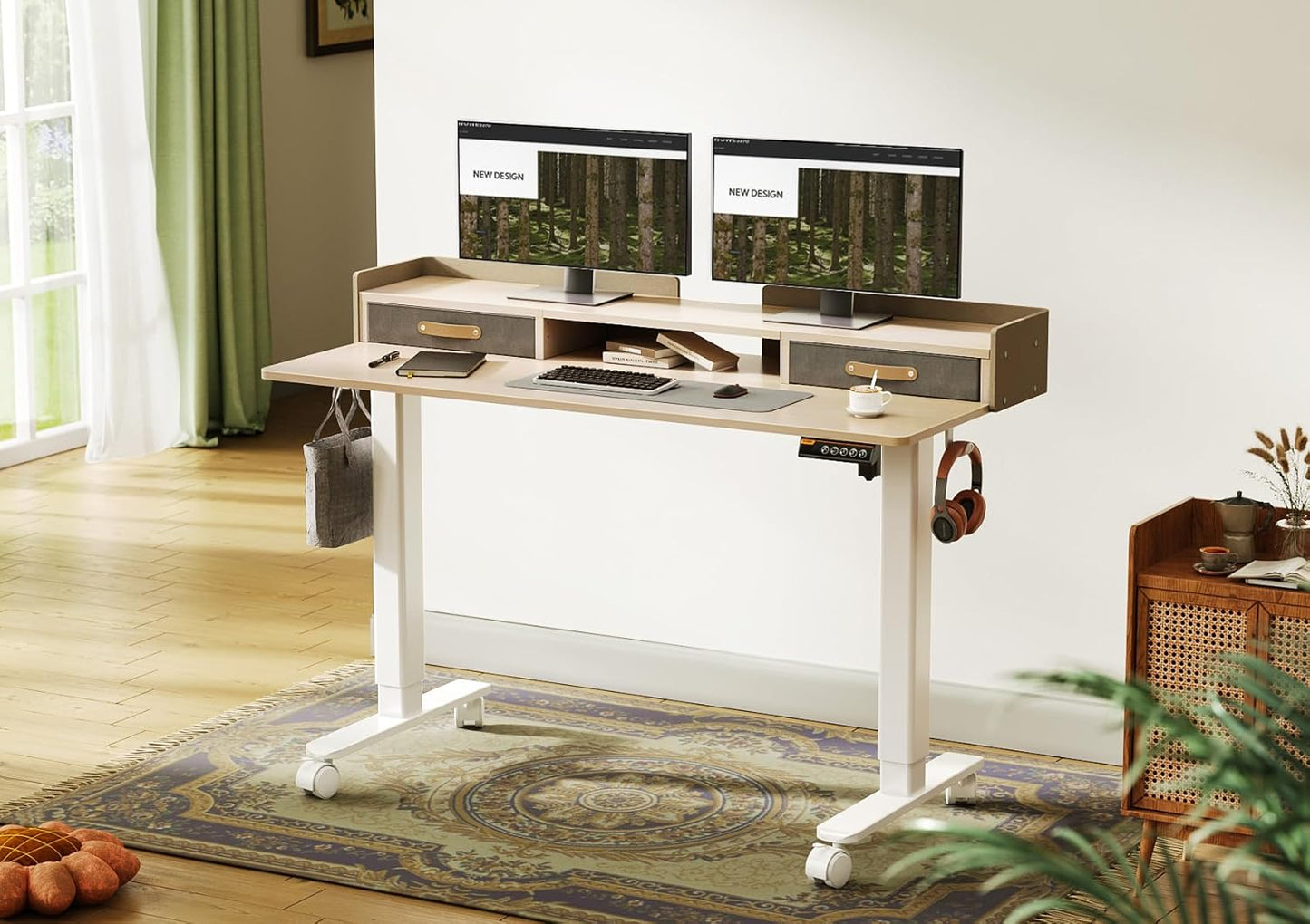 YDN Standing Desk with Drawers, 55 Inch Standing Desk Adjustable Height, Adjustable Electric Stand Up Sit Stand Small Desks with Storage and Shelf, Natural