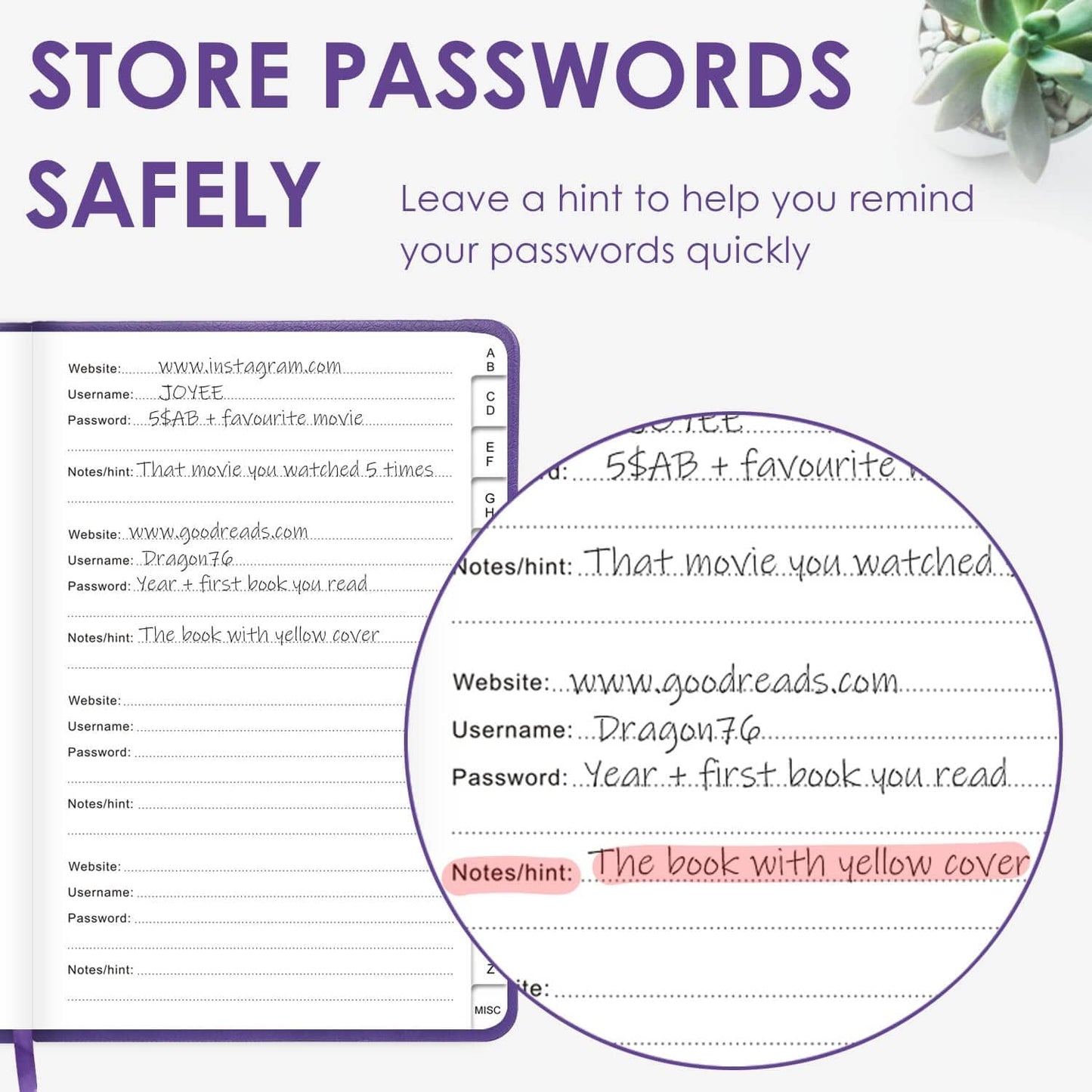 Elegant Password Book with Alphabetical Tabs - Hardcover Password Book for Internet Website Address Login - 5.2" x 7.6" Password Keeper and Organizer w/Notes Section & Back Pocket (Violet Purple)