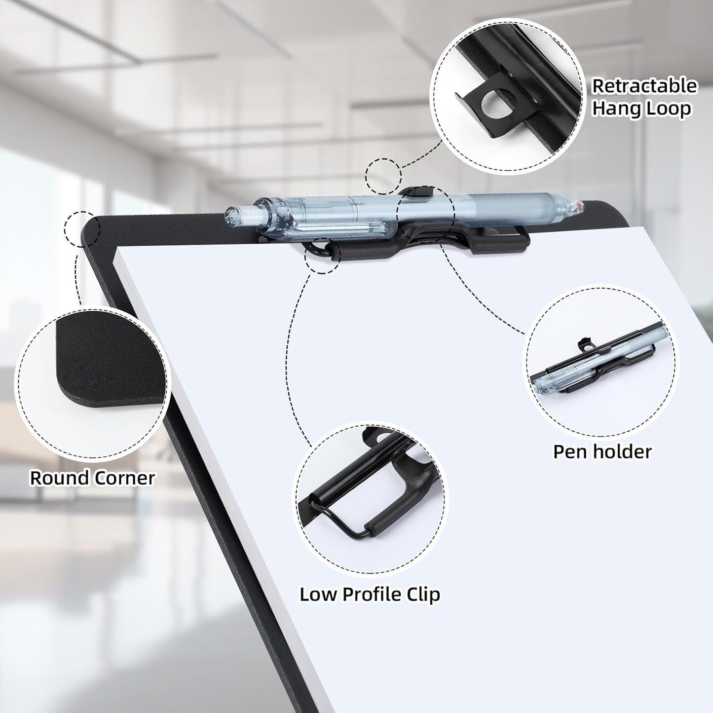 Black Clipboard with Pen Holder, Set of 6 Plastic Clipboard with Low Profile Metal Clip, Hanging Clip boards Holds 8.5x11 Inch Papers, Standard A4 Letter Size Clip Boards for Offices & School