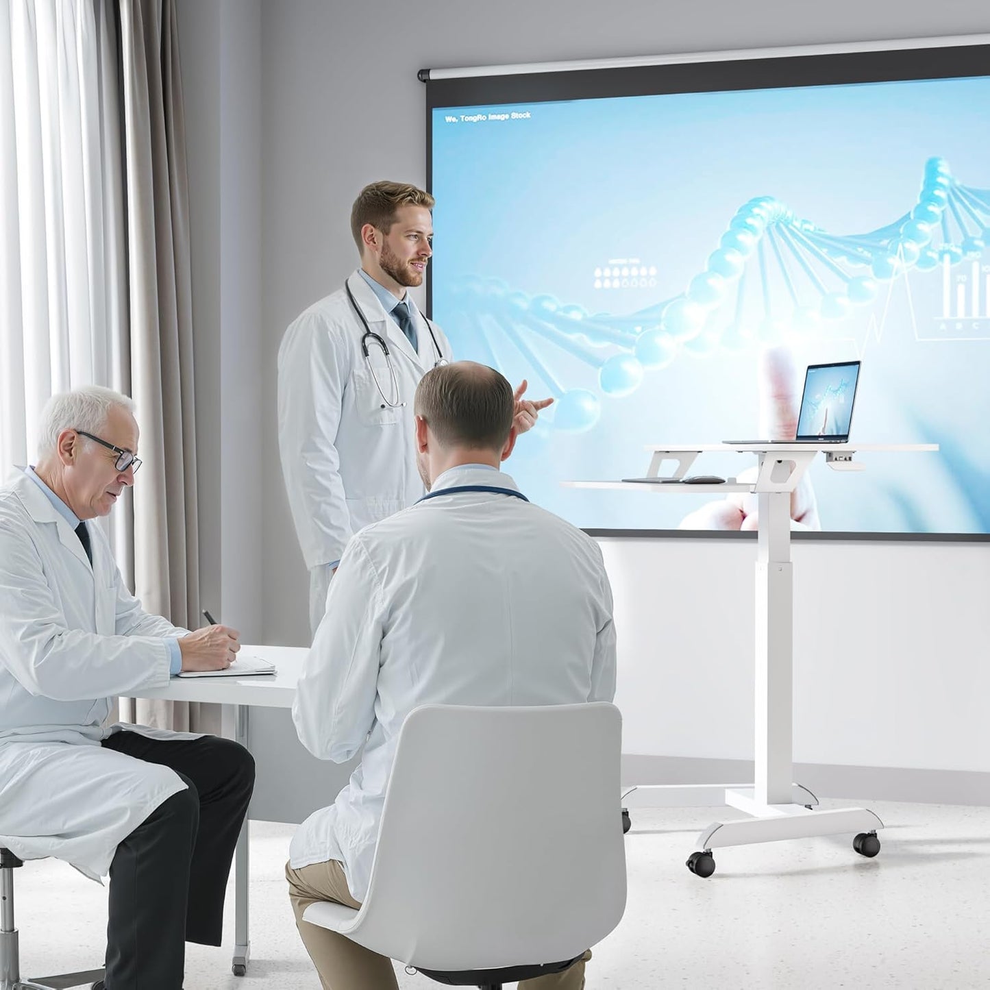 Standing Rolling Desk-Height Adjsutable up to 47.2' Rolling Podium for Teachers, 31.2'× 27.5' Dual Tier Sanding Desk for Classroom, Moveable Laptop Cart, Teacher Podium with Wheels, White