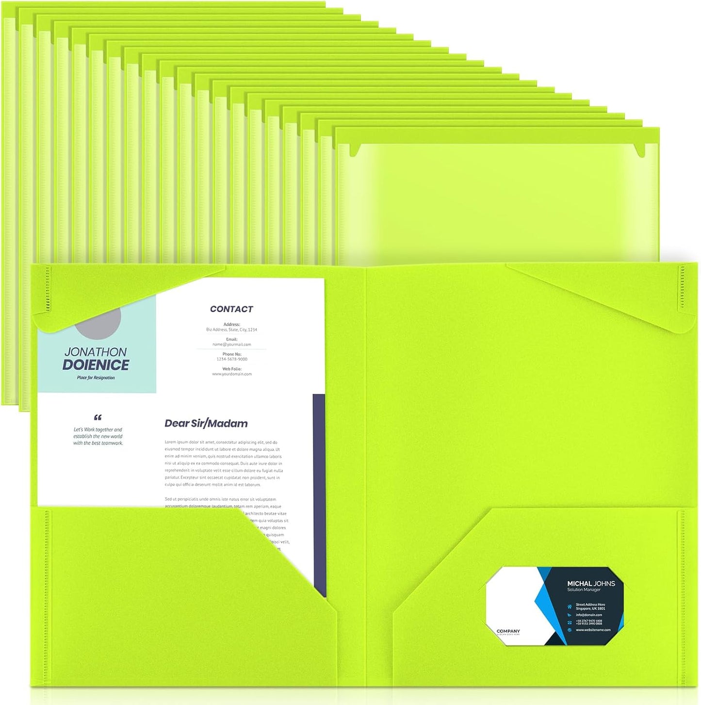 Henoyso 60 Pcs Plastic Folders with Clear Front Pockets Heavy Duty File Folders with 2 Pockets and Card Slot for Student Communication School Office Presentation Report (Fluorescent Green)