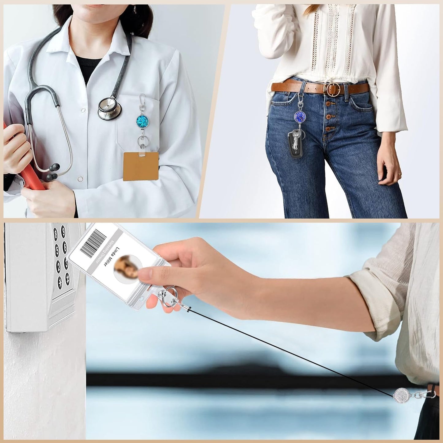 bolimoss 3 Pack Retractable Badge Reels with Key Ring and Carabiner Belt Clip, Glittery Metal Retractable Keychain for ID Cards Name Holder Nurse, Teacher, Students (Bling Blue, Silver, Purple)