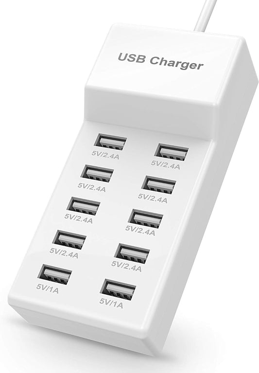 USB Charger Station Block with Rapid Charging Auto Detect Technology Safety Guaranteed 10-Port Family-Sized Smart USB Ports for Multiple Devices Smart Phone Tablet Headphones