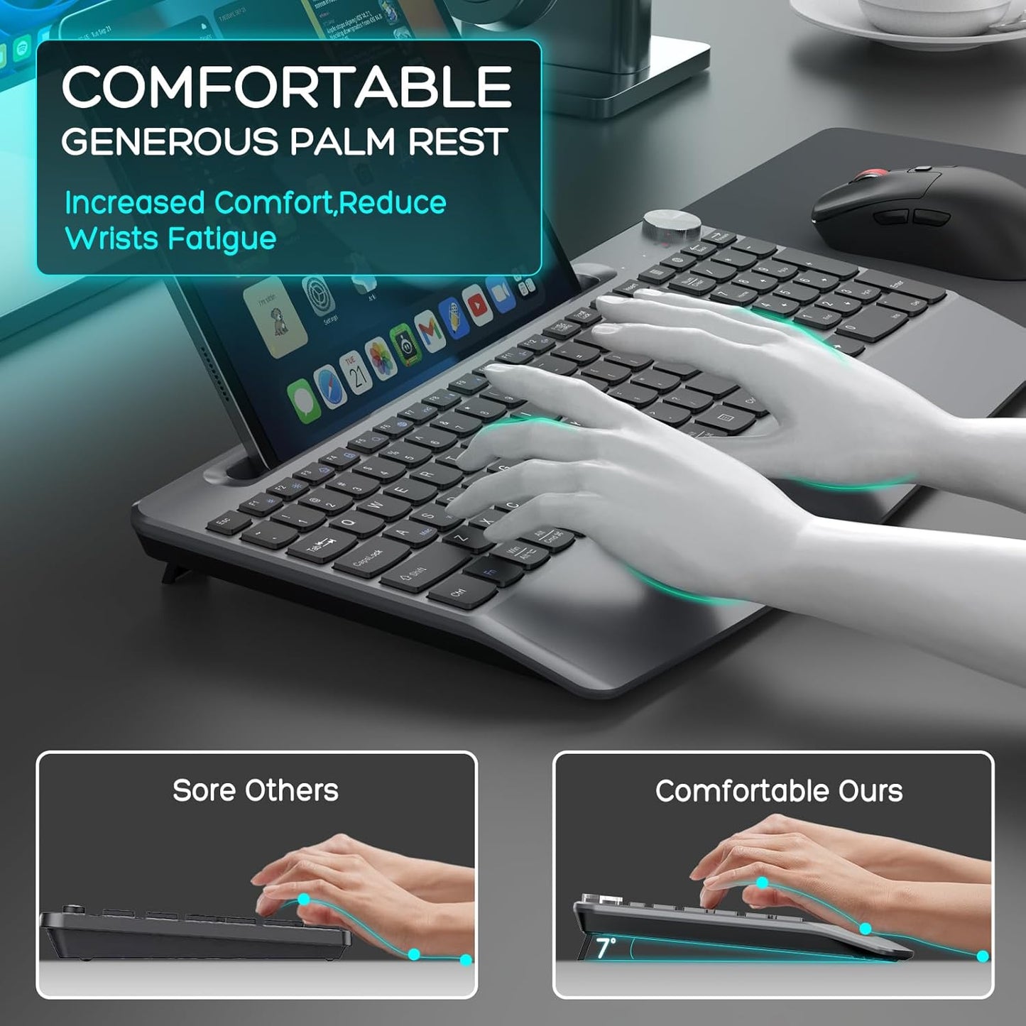Ergonomic Wireless Keyboard and Mouse with Wrist Rest，Phone Holder - 2.4GHz Full-Sized Low-Profile Quiet Wireless Mouse and Keyboard Combo for Computer, Laptop, PC, Mac-Grey