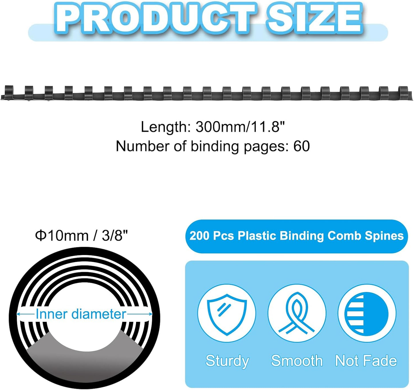 PATIKIL 10mm (3/8") Plastic Binding Combs, 200 Pcs 21 Rings Comb Binding Spines 60 Sheet Capacity Letter Size for Binding Paper Sheets Notebook Calendar Picture Album, Black