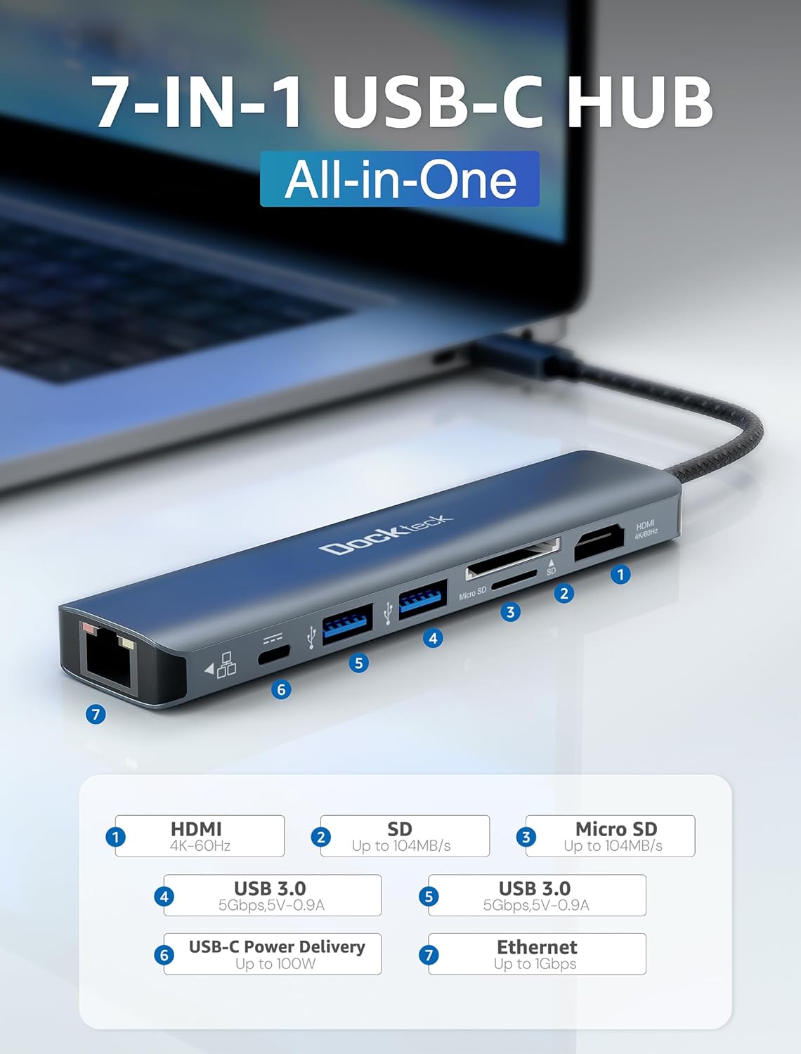 dockteck 7-in-1 USB C Hub with 4K 60Hz HDMI, 1Gbps Ethernet, 100W Power Delivery, SD/TF Card Slots, USB 3.0 Data Ports for MacBook, iPad Pro, XPS