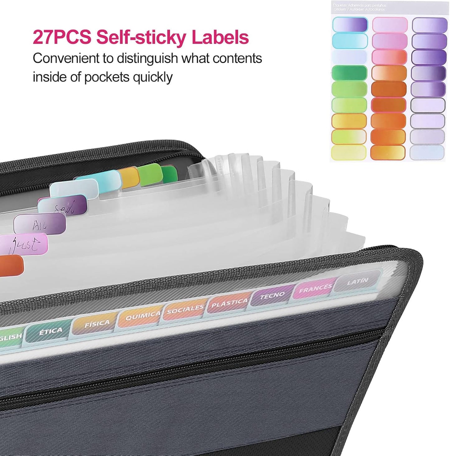 MEGREZ Expanding File Folder with 13 Pockets, A4 Paper File Folder with Zipper Color Labels, Waterproof Accordion File Folder Organizer for Home Office, Black