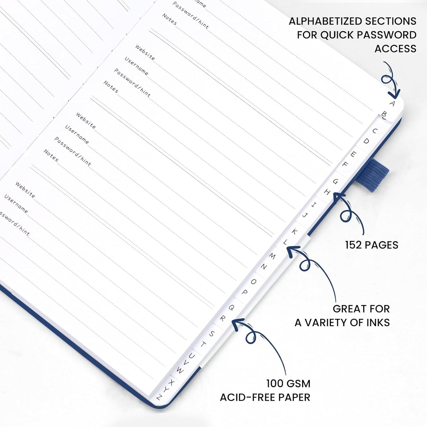 Password Book with Alphabetical Tabs, Hardcover Password Keeper, Size 4.4''x 6.1'' Password Notebook for Saving Internet Login, Username, Password Organizer for Computer & Website Logins, Blue