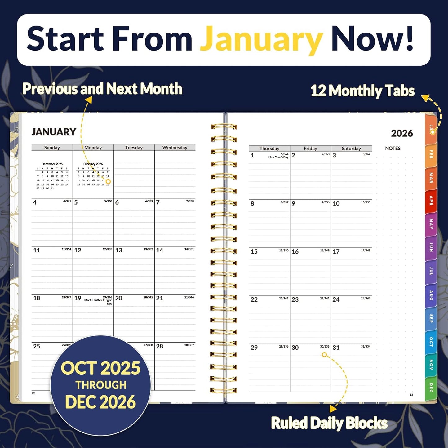 SUNEE 2026 Weekly and Monthly Planner - from January 2026 - December 2026, 6.4" x 8.3" Daily Agenda Planner with Monthly Tab, Flexible Cover, Note Pages, Pockets, Bookmark, Dark Blue Marble