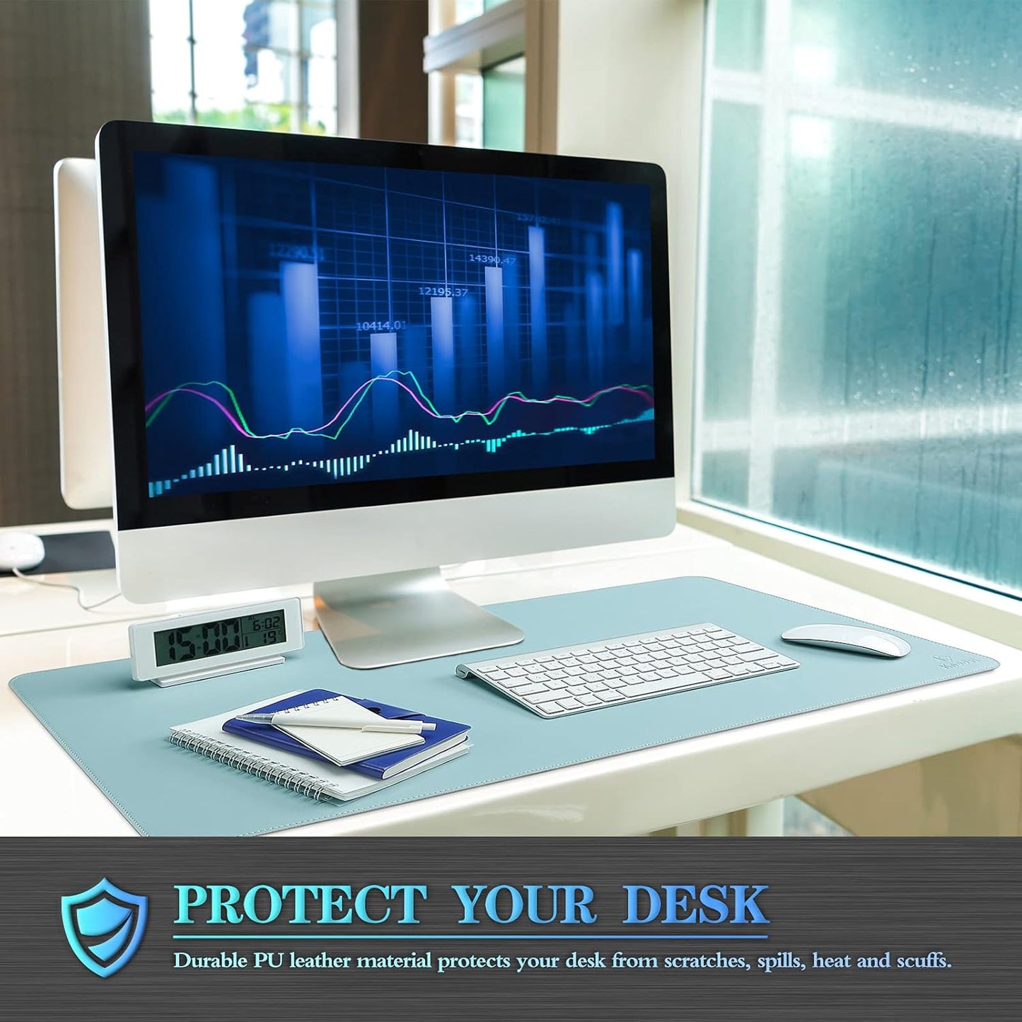 K KNODEL Desk Mat, Blotter, Dual-Sided Office Desk Pad, Waterproof Desk Mat for Desktop, Desk Blotters, PVC Leather Pad Protector (Light Blue, 31.5" x 15.7")