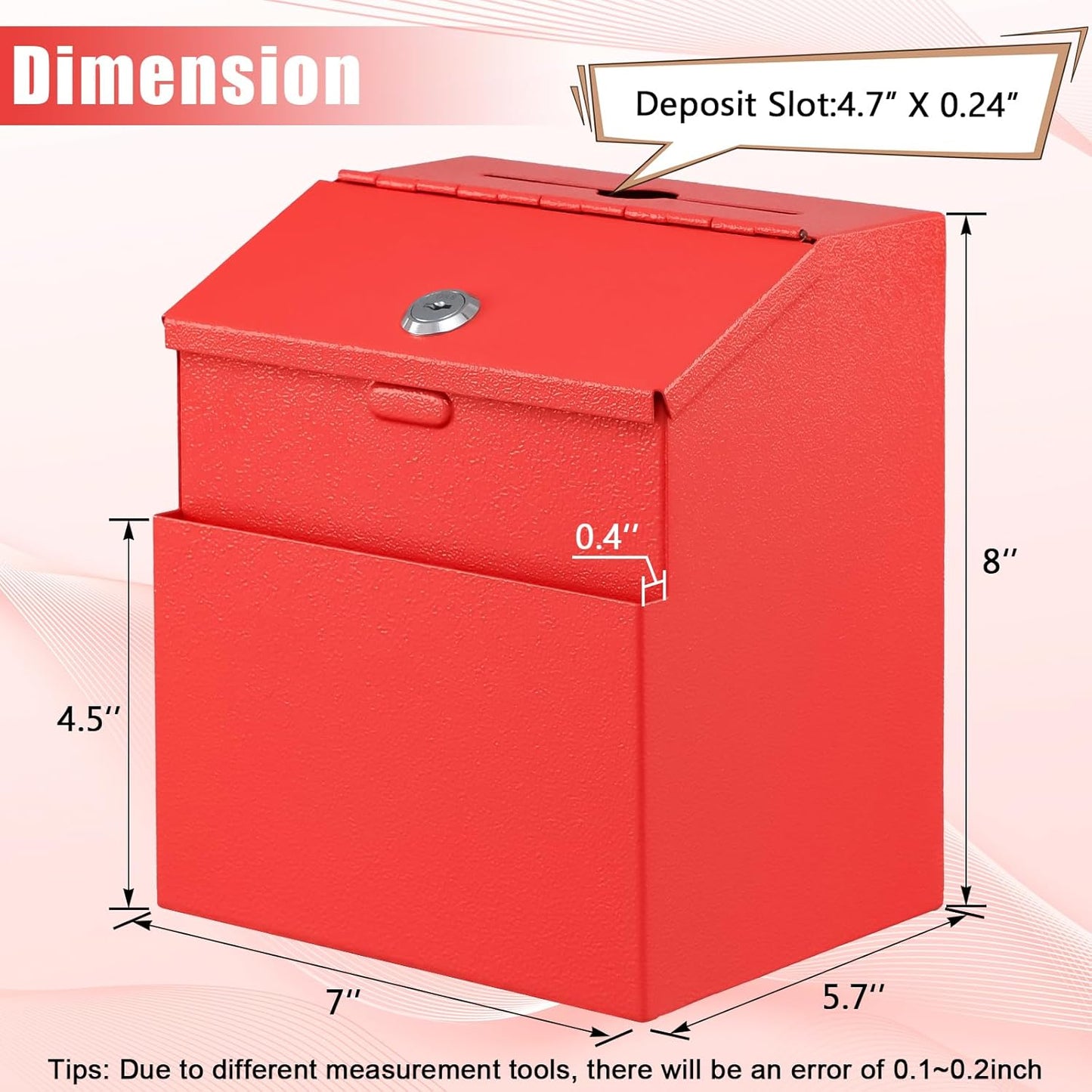KYODOLED Suggestion Box with Lock and 50 Free Suggestion Cards, Metal Wall Mounted Ballot, Donation and Collection Key Drop Box with Slot & 2 Keys, 8H x 5.7W x 7L Inch, Red