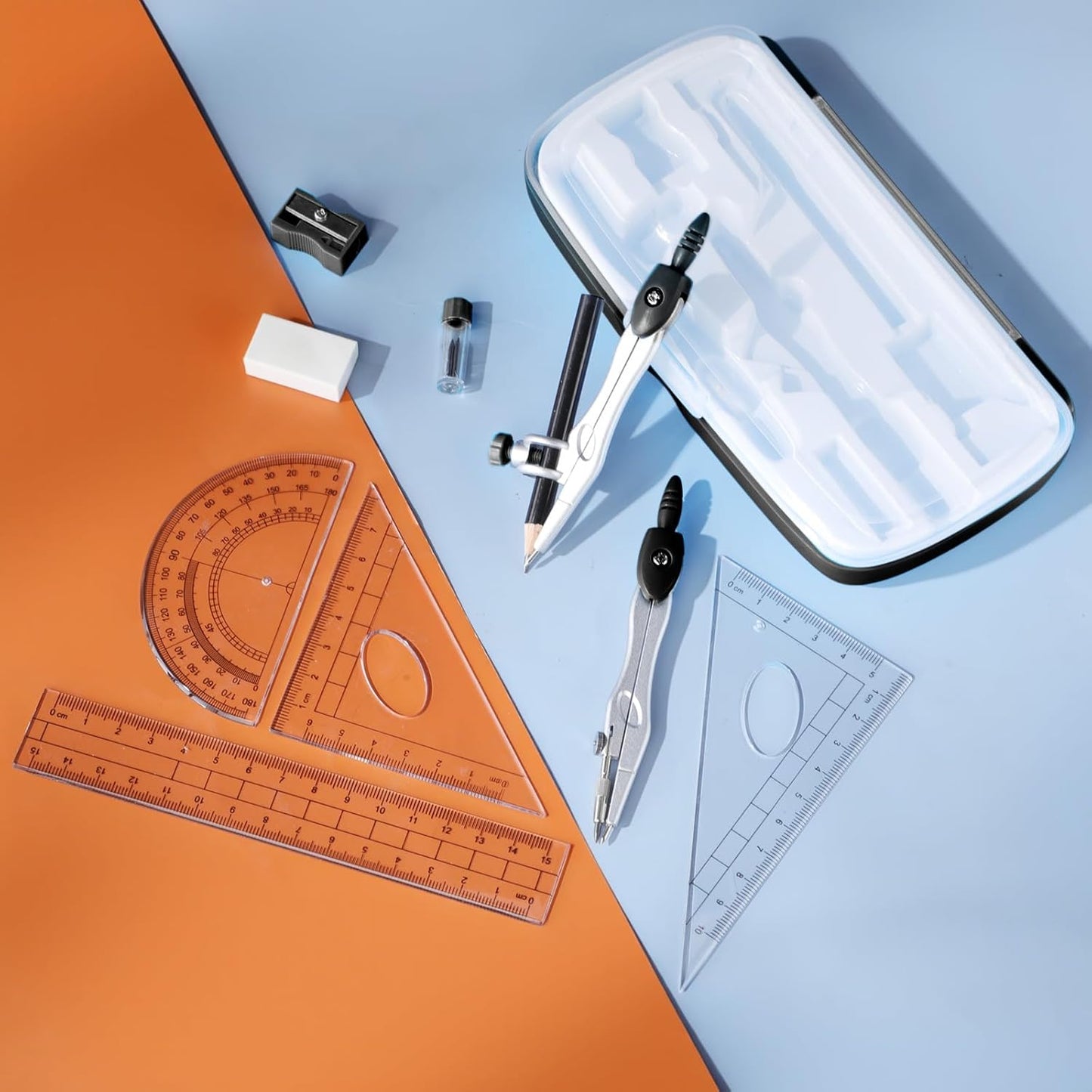 Zonon Math Geometry Set 10 Pcs Student Supplies with Shatterproof Storage Box, Includes Rulers Protractor Compass Pencil Sharpener Lead Refills Eraser Pencil for Drafting and Drawings (Black)