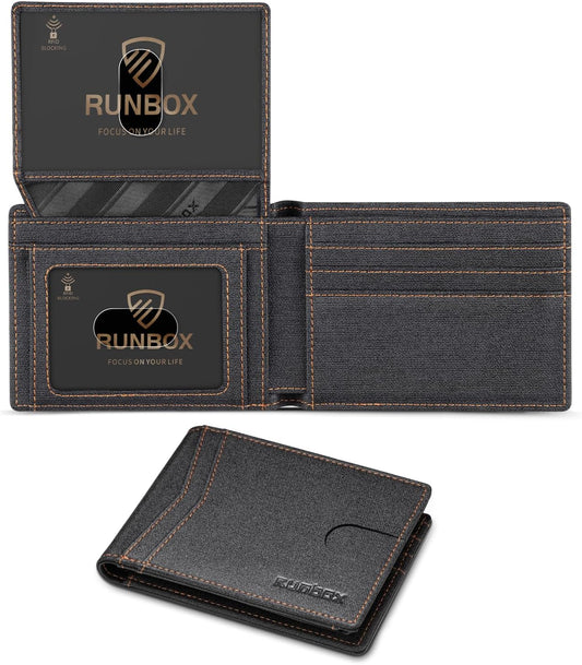 RUNBOX Wallet for Men Slim Rfid Leather 2 ID Window With Gift Box