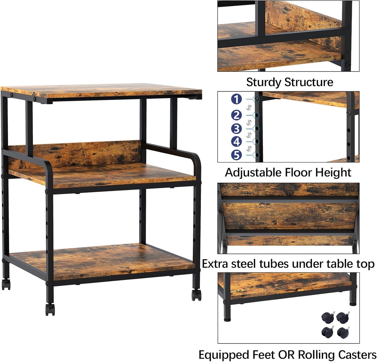 Large Printer Stand with Storage Shelf, 23.6" W x 18.9" D Printer Cart with Wheels, 3 Tier Mobile Printer Table for Home Office,Stands for Heat Press Scanner Fax (Brown)