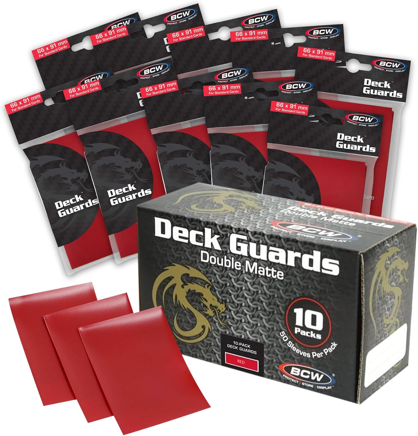 BCW Deck Guard - Double Matte 500 Count Box (10 Packs of 50 Sleeves) | Acid-Free, No PVC | Fits 2.5" x 3.5" Game Cards | Archival Safe Sleeves for Card Protection (Red)