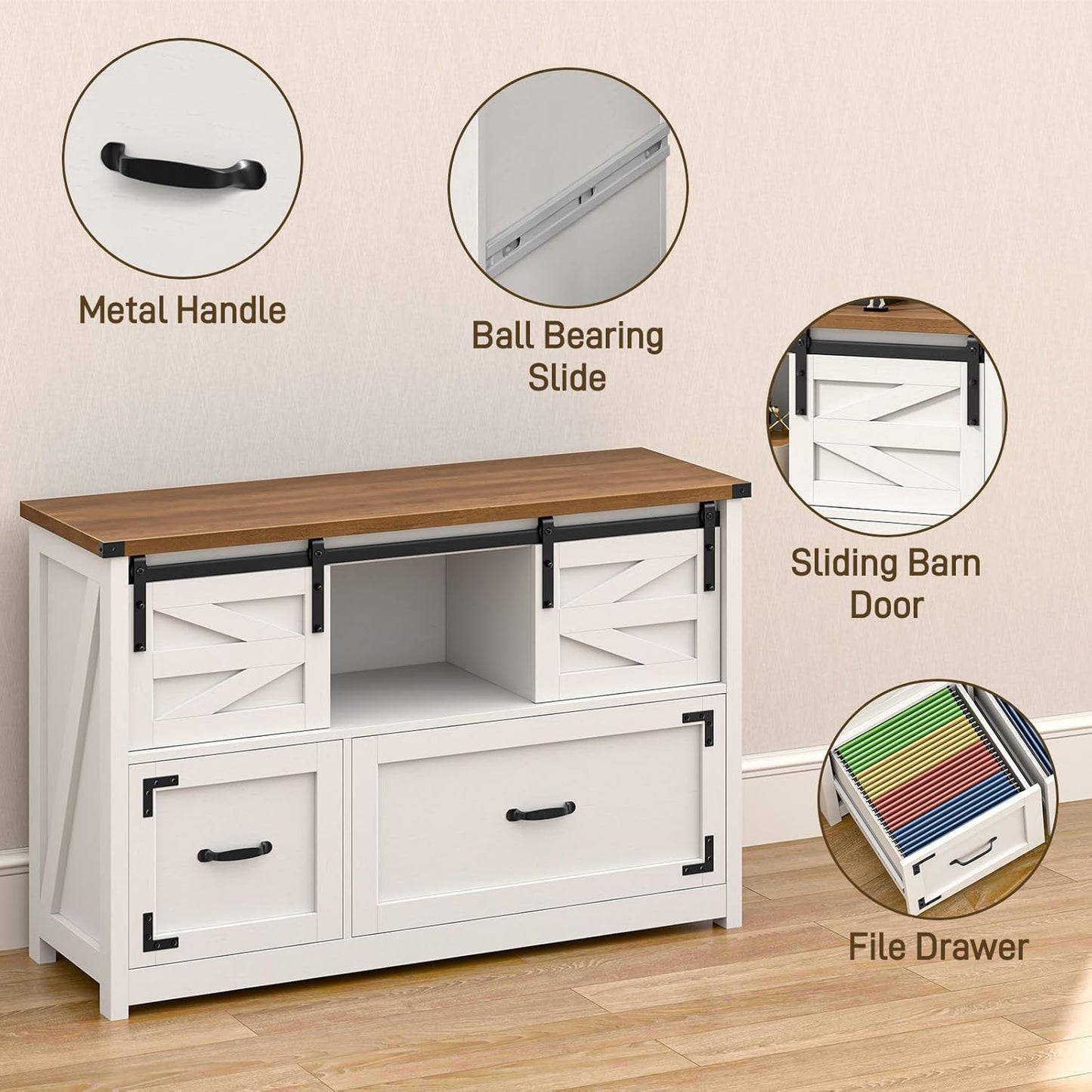 Lateral File Cabinets 2 Drawer with Sliding Barn Doors, Farmhouse Filing Cabinet with 2 Drawer for Home Office，Filing Organization Storage Cabinets for Hanging Files Letter/Legal/F4/A4.(Brown.)