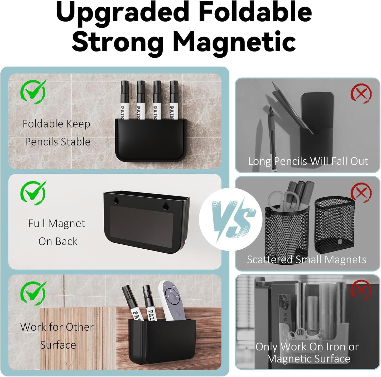 Magnetic Foldable Pen Holder, Magnetic Dry Erase Marker Pencil Holder, Strong Magnet Remote Holder Storage Organizer for Office, Whiteboard, Locker, Home Refrigerator, Desk Accessories(1 Pack Black)