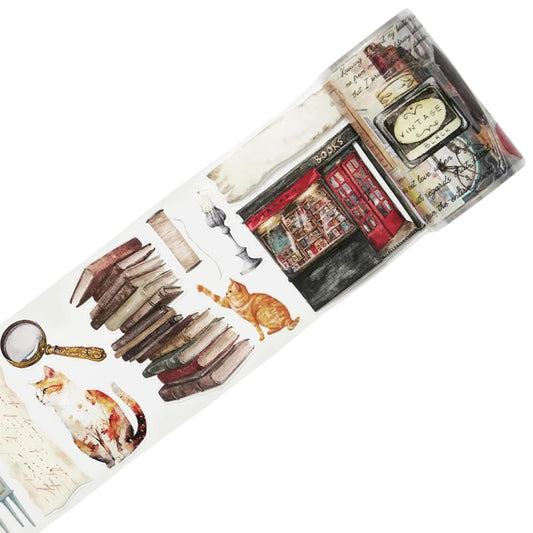 WT Pre-Cut Cats and Books Wide PET Tape, One Roll 5 Meters, Decorative Cute PET Tape for Bible Journaling, Bullet Journal Supplies,Scrapbooking Supplies,Planners, Party Decorations