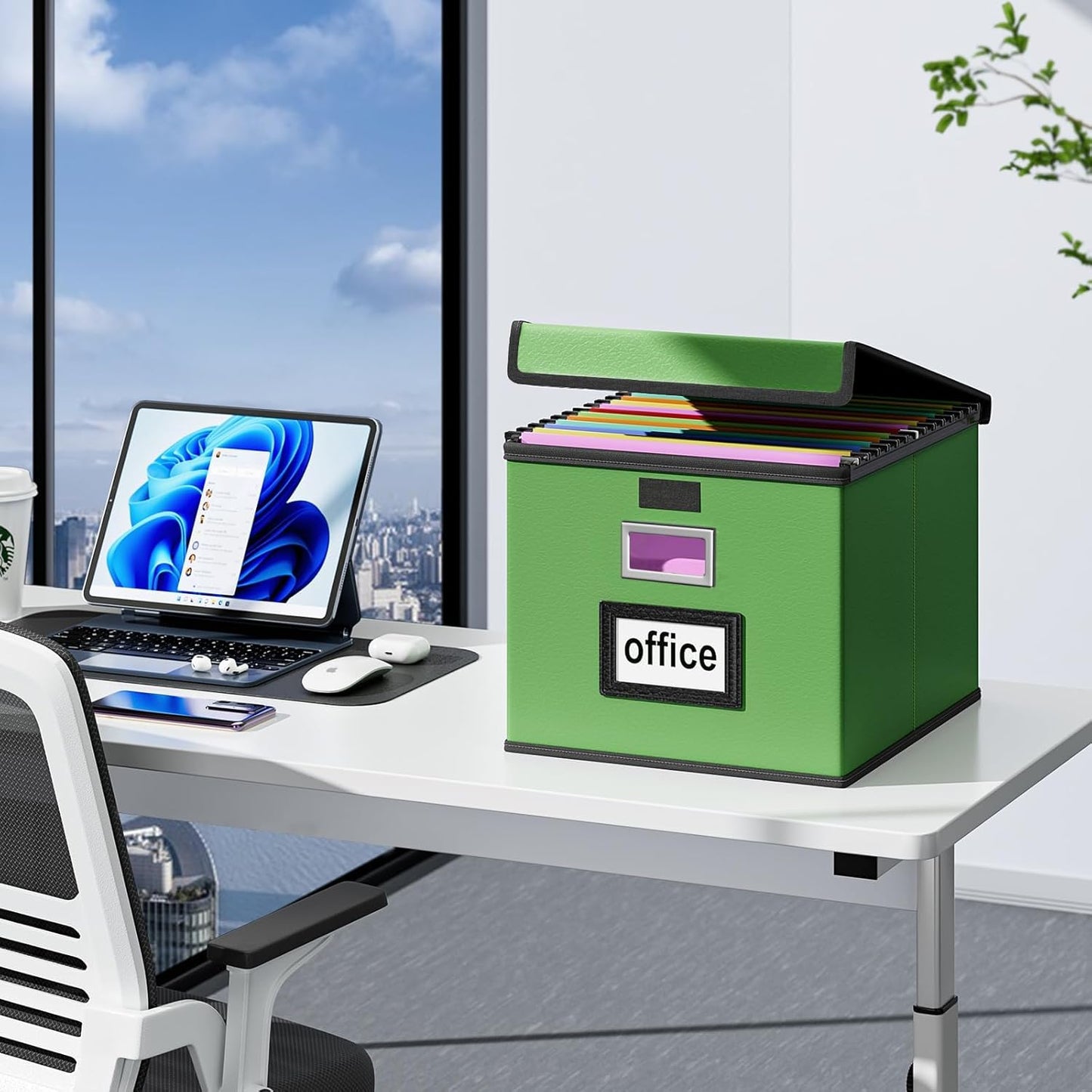 Huolewa File Organizer Box with Lid, Collapsible Faux Leather Document Organizer, Hanging File Folder Box with Plastic Slide, Decorative Filing Boxes Cabinet for File and Folders Storage(Green)