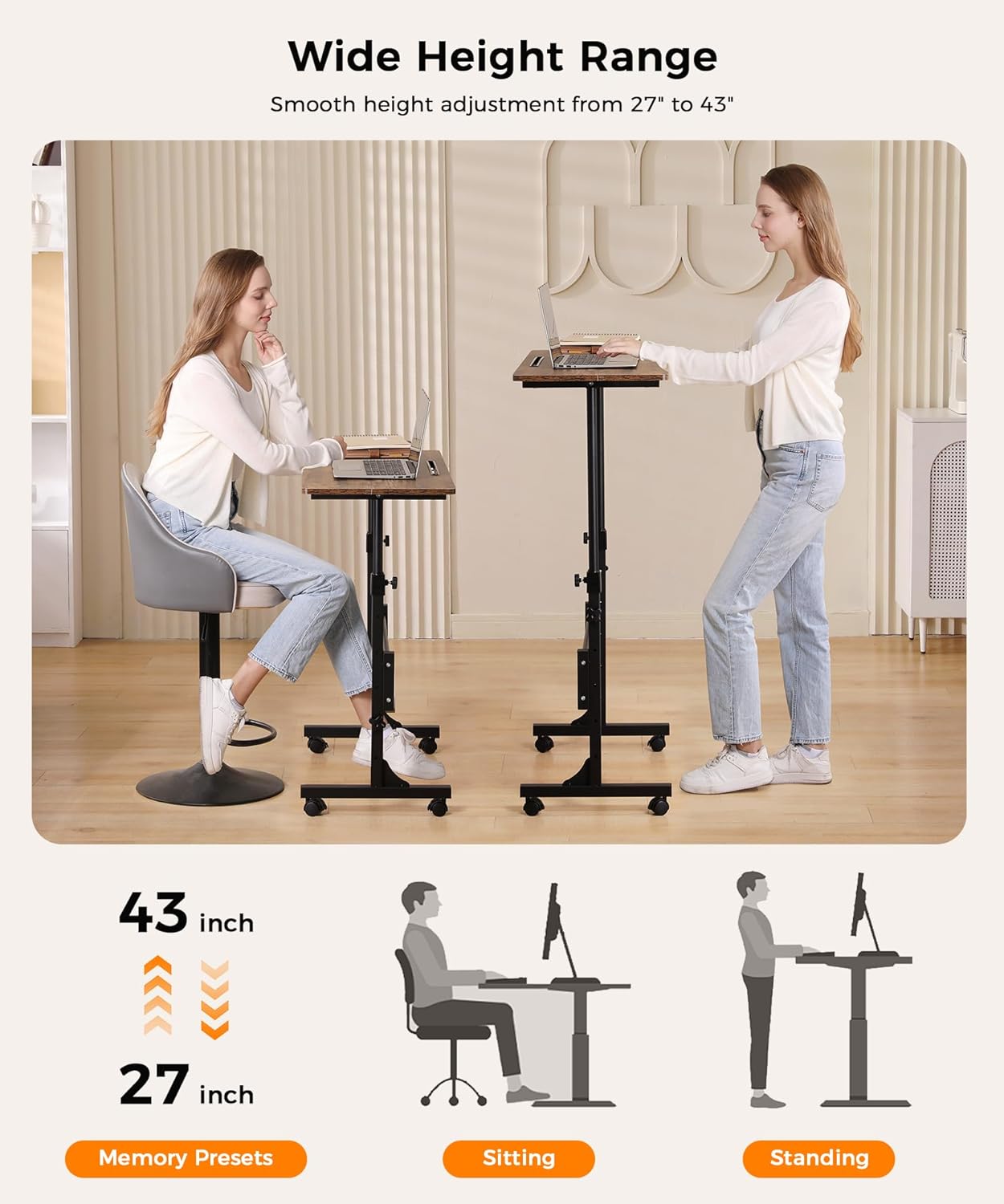 Standing Desk Adjustable Height, Mobile Stand Up Desks with Wheels Small Computer Desks Rolling Desk, Portable Laptop Desks Rustic Standing Table Sit Stand Home Office Desks 16"x31.5" Height 27"-43.5"