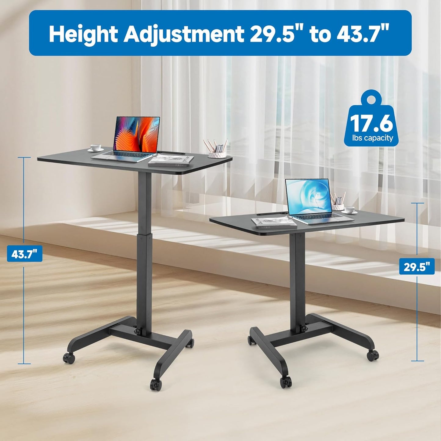 Rolling Laptop Desk Adjustable Height(29.5”- 43.7”)，Mobile Workstation Cart with 31.5" x 22.1"Desktop, Standing Desk Mobile Portable PC Table for Home,Office or Classroom in Black