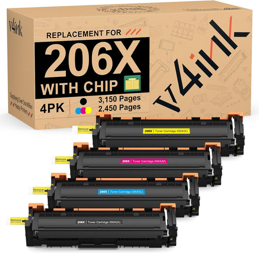 v4ink 206X 206A Toner Cartridge 4 Pack High Yield (Latest Upgraded Chip) Compatible Replacement for HP 206X W2110X W2111X W2112X W2113X use with Color Pro M255dw MFP M283fdw M283cdw M282nw Pirnter