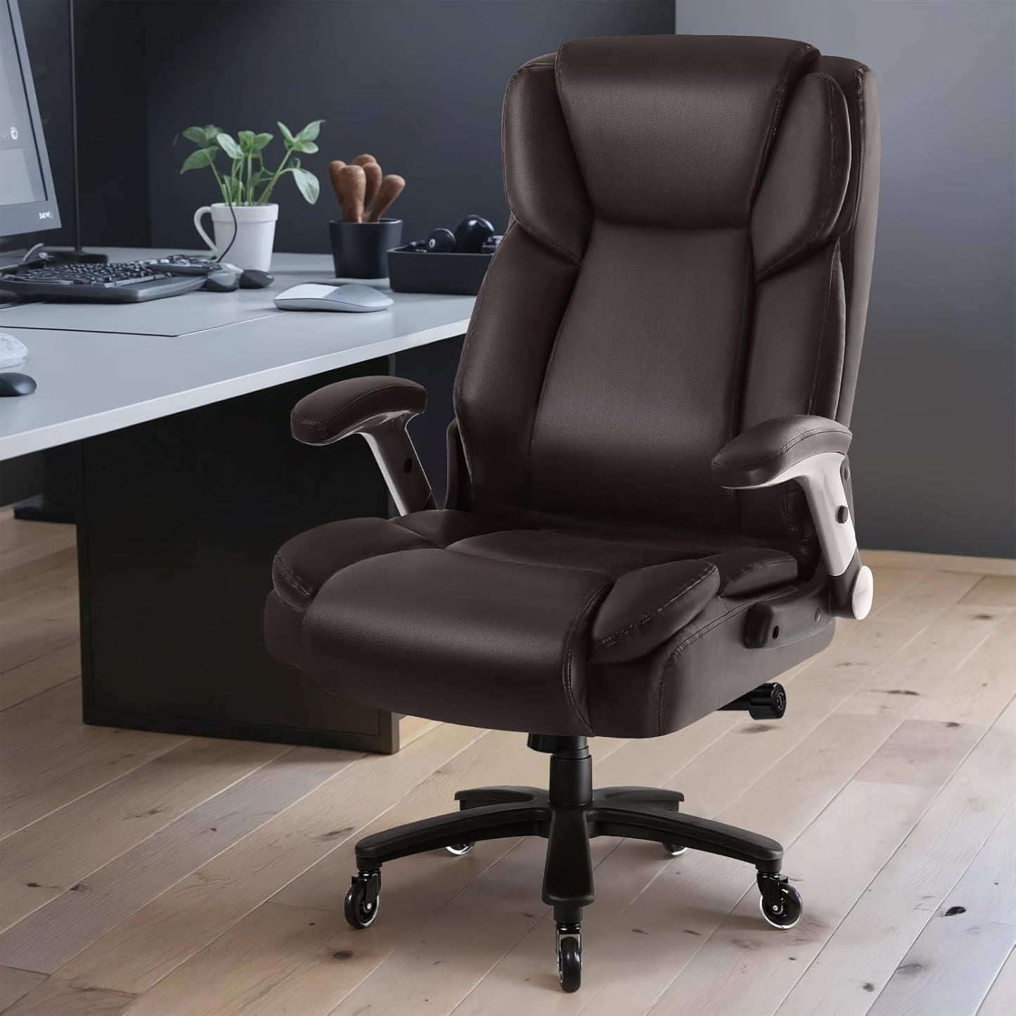 Big and Tall Office Chair 600lbs, Heavy Duty Executive Office Chair for Heavy People, Brown High Back Office Leather Ergonomic Chair with Adjustable Armrests and Lumbar Support for Computer Desk Chair