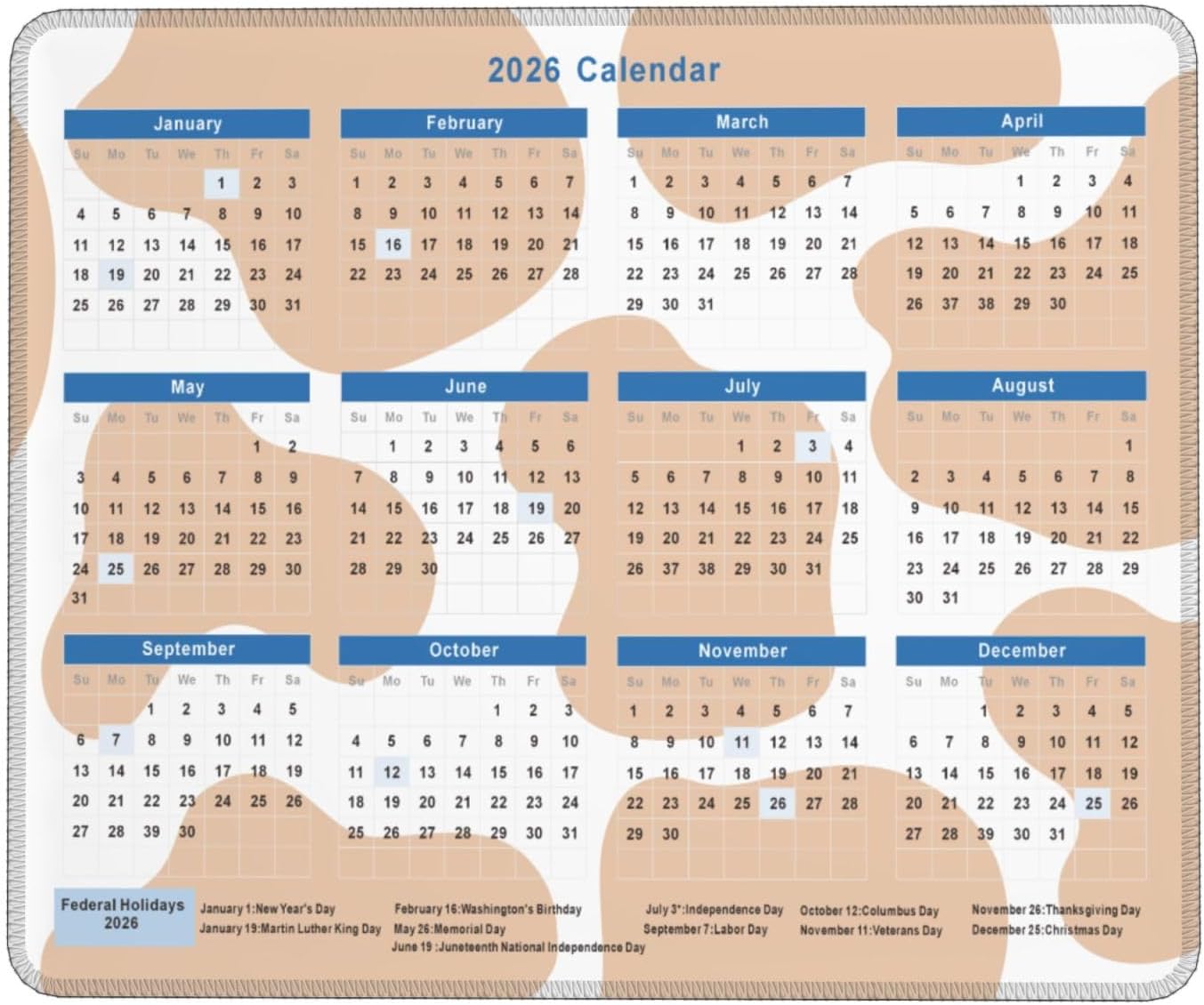 2026 Calendar Mouse Pad Cow Texture, Calendar with Holidays Mouse Pads, Non-Slip Rubber Base Mousepad for Office Desk Computers Laptop