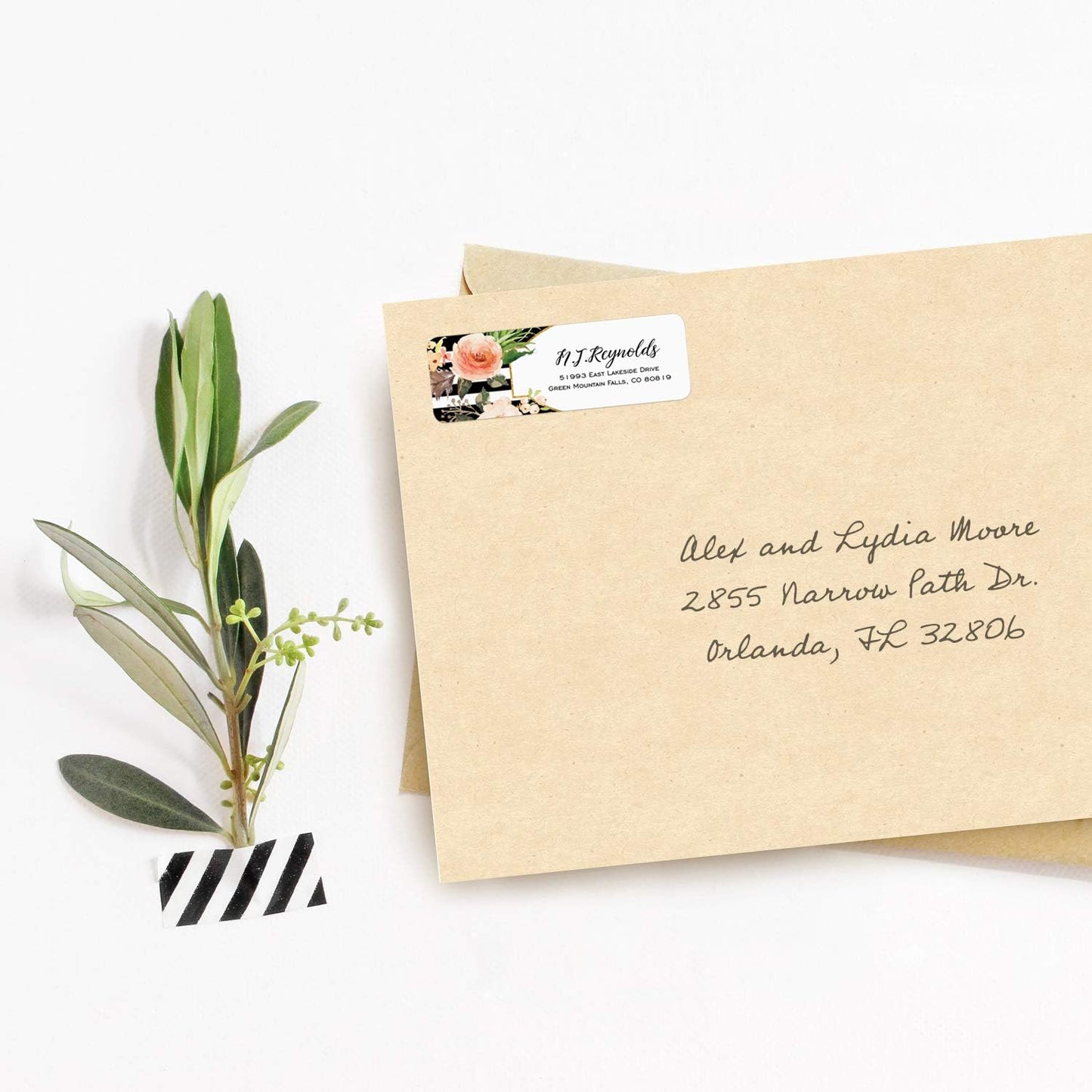 Black and White Stripe Floral Rolled Address Labels/Roll of 500 Personalized Return Address Labels/Designer Return Address Stickers in Elegant Plastic Dispenser