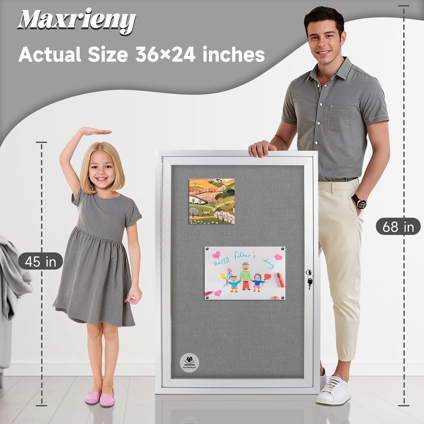 Outdoor Weatherproof Enclosed Fabric Bulletin Board,Noticeboard Case with Lockable Glass Door,Silver Aluminum Frame, 36x24 Inch (5xA4)