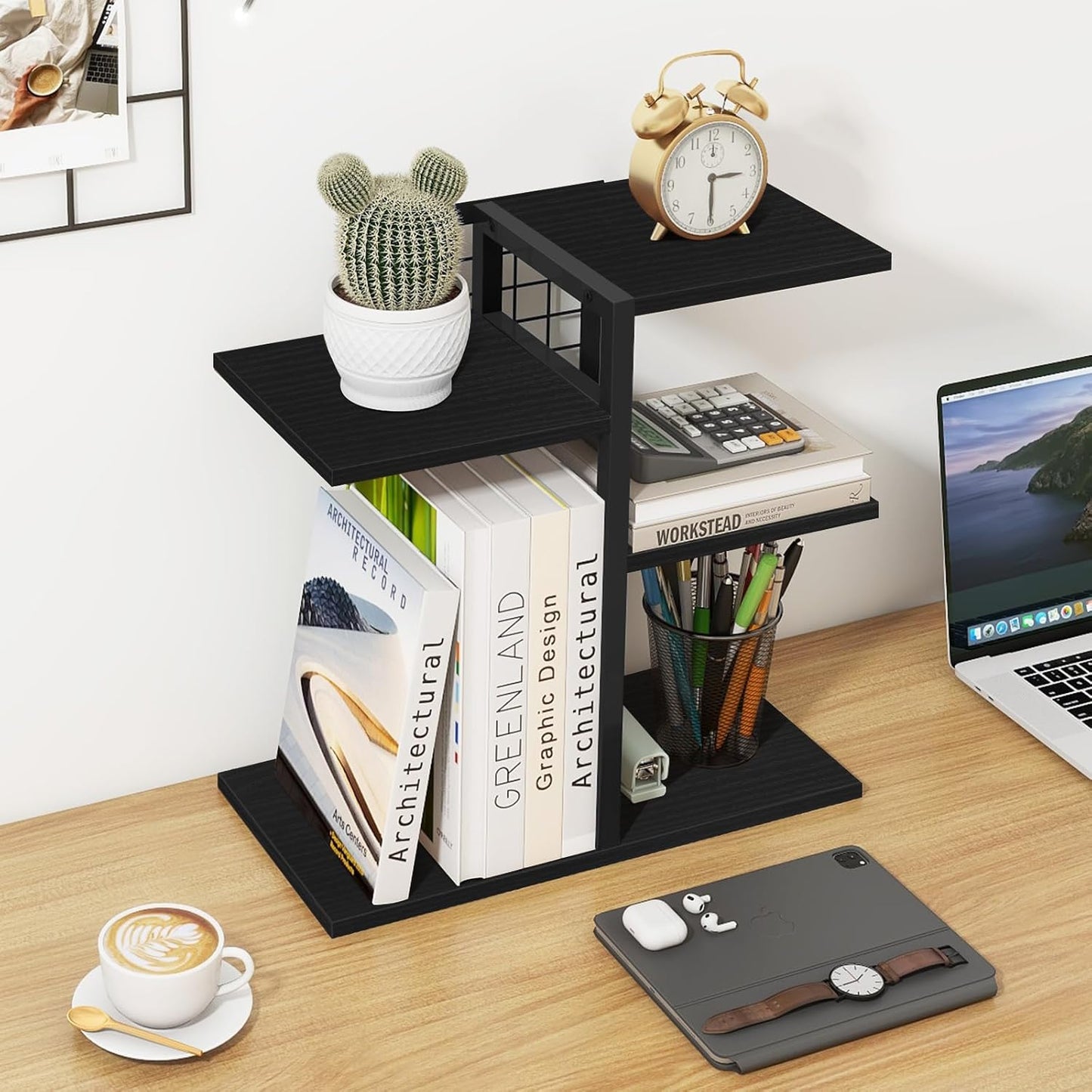 ELITEROO Desktop Bookshelf, 4 Tier Wood Desk Organizer Shelf, Tabletop Storage Shelf Rack for Office Supplies, Desk Decorations for Women Office, Rustic Black