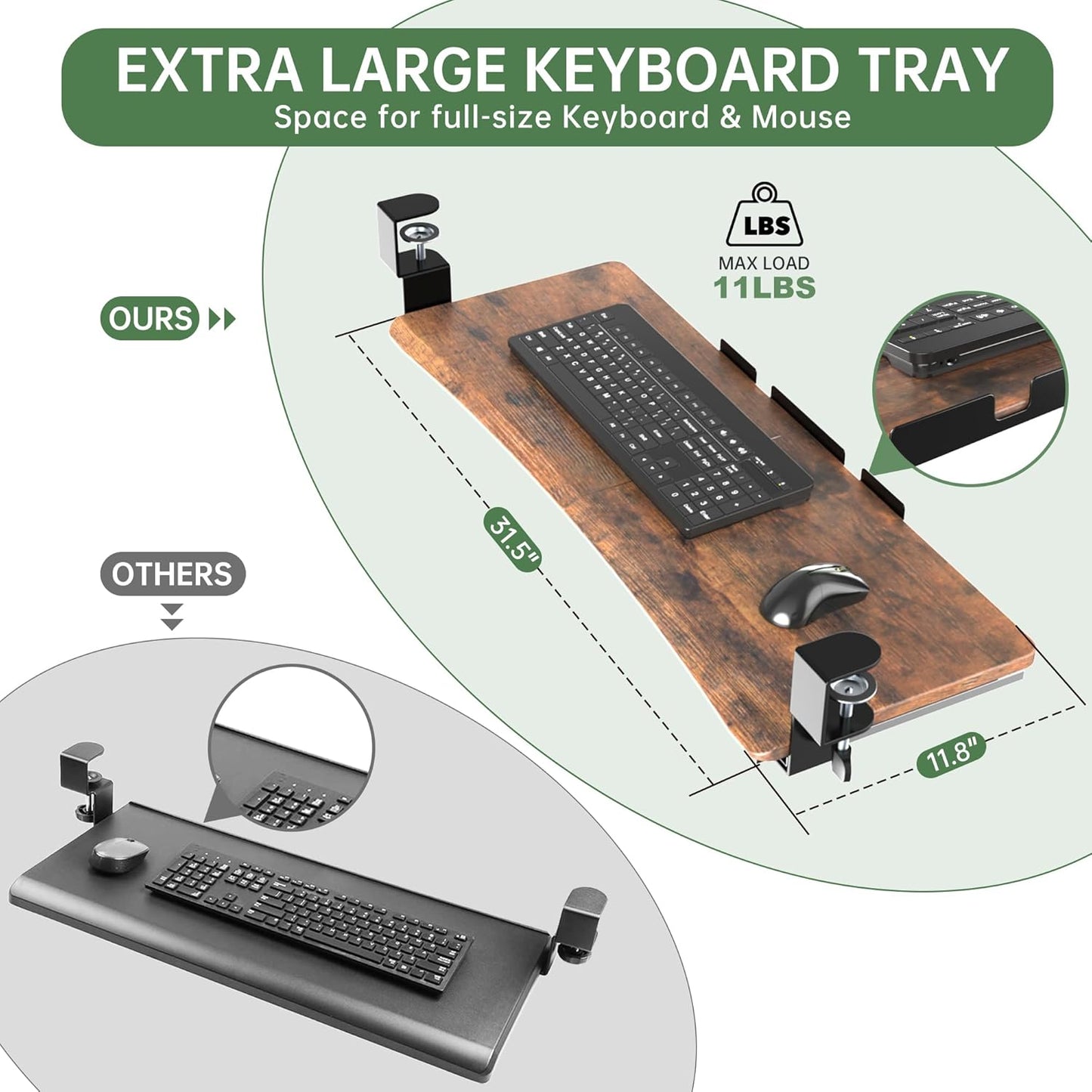 Extra Large Keyboard Tray Under Desk - Slide Out with Sturdy C-Clip Mount System, 31.5" (35.8" Including Clamps) x 11.8" Put-Out Keyboard Tray Computer Drawer, Rustic Vintage Brown