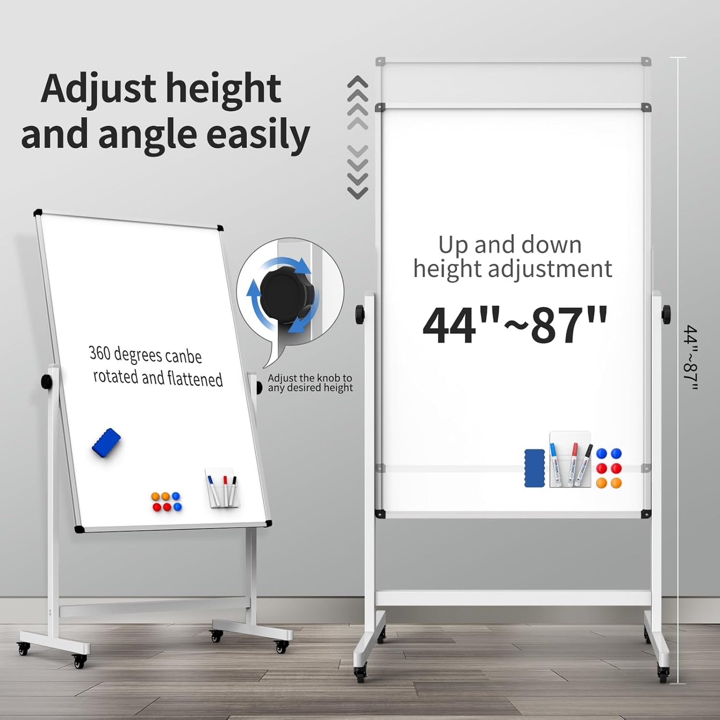 Rolling Whiteboard, Double Sided Magnetic Dry Erase Board Height Adjustable Whiteboard with Stand for Home Office Classroom (48" x 32")