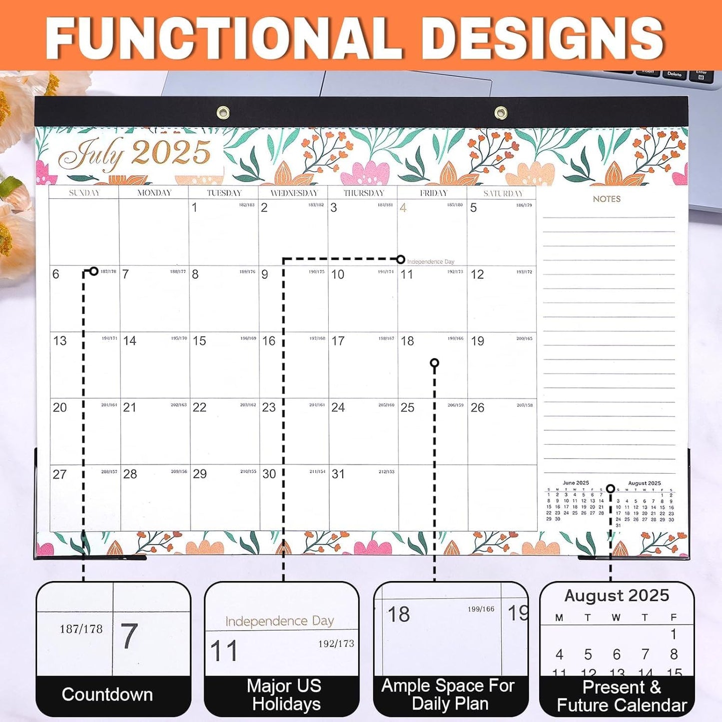 Lateefah Desk Calendar 2025-2026, Runs July 2025 to December 2026, 2025 Desk Pad Calendar with to-do List, 18 Monthly 17" x 12" Desk Calendar for School, Home or Office