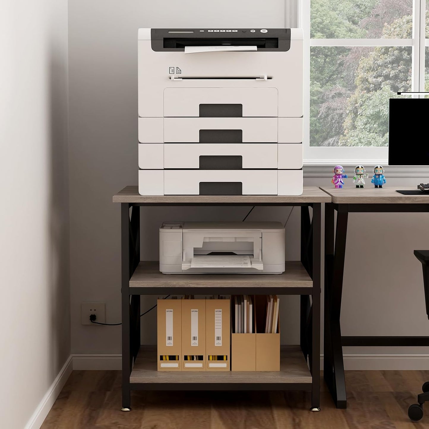 Large Printer Stand with Power Outlet, with Height Adjustable Storage Shelf, 3 Tier Rolling Printer Cart with Industrial Wheels, 23.6 x 23.6 Inches Printer Table for Home Office, Greige