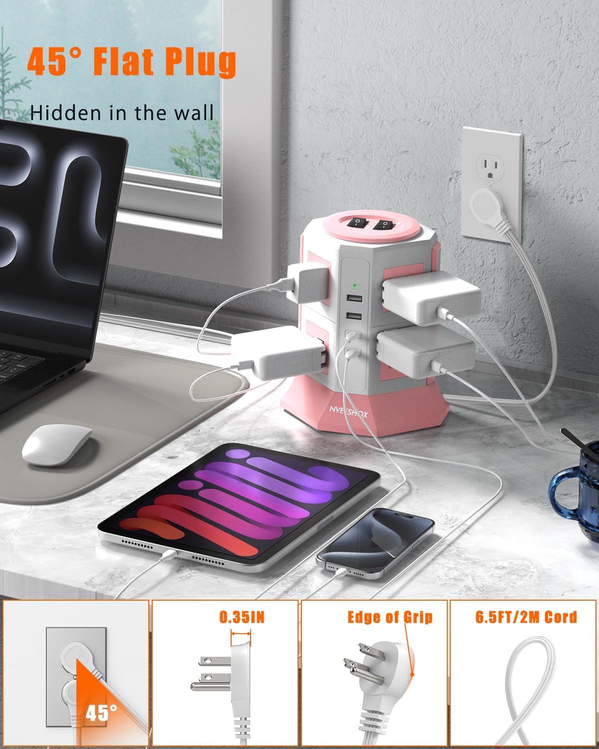 NVEESHOX Surge Protector Power Strip Tower, 10 Feet Ultra Flat Extension Cord with 12 AC Outlets 5 USB Ports(2 Type C), Desktop Charging Station, Flat Plug Outlet Extender for Home Office Dorm