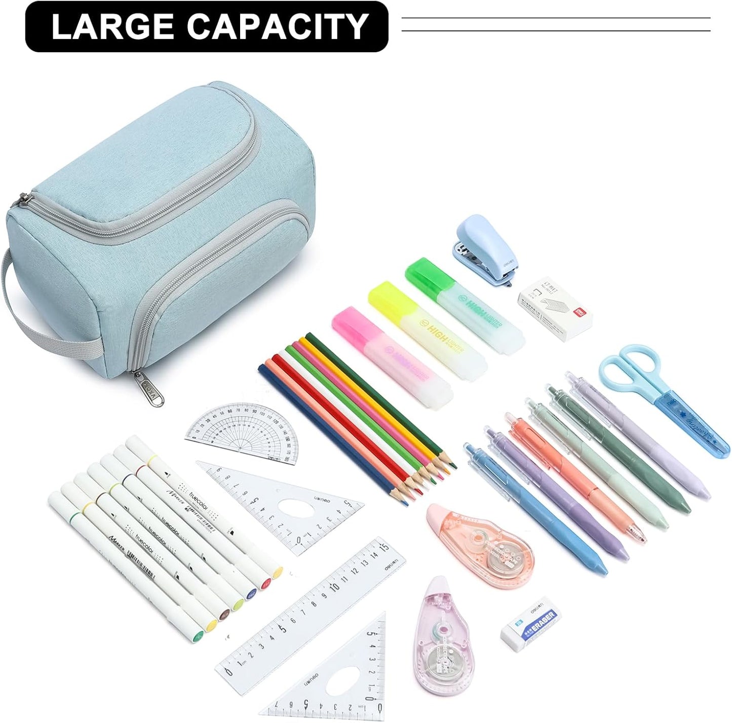 XQXA Extra Large Capacity Pencil Case Organizer, Multifunctional Pencil Pouch with Compartmens, Travel Simple Stationery Bag, Nylon Pencil Bag for Adults (Blue)