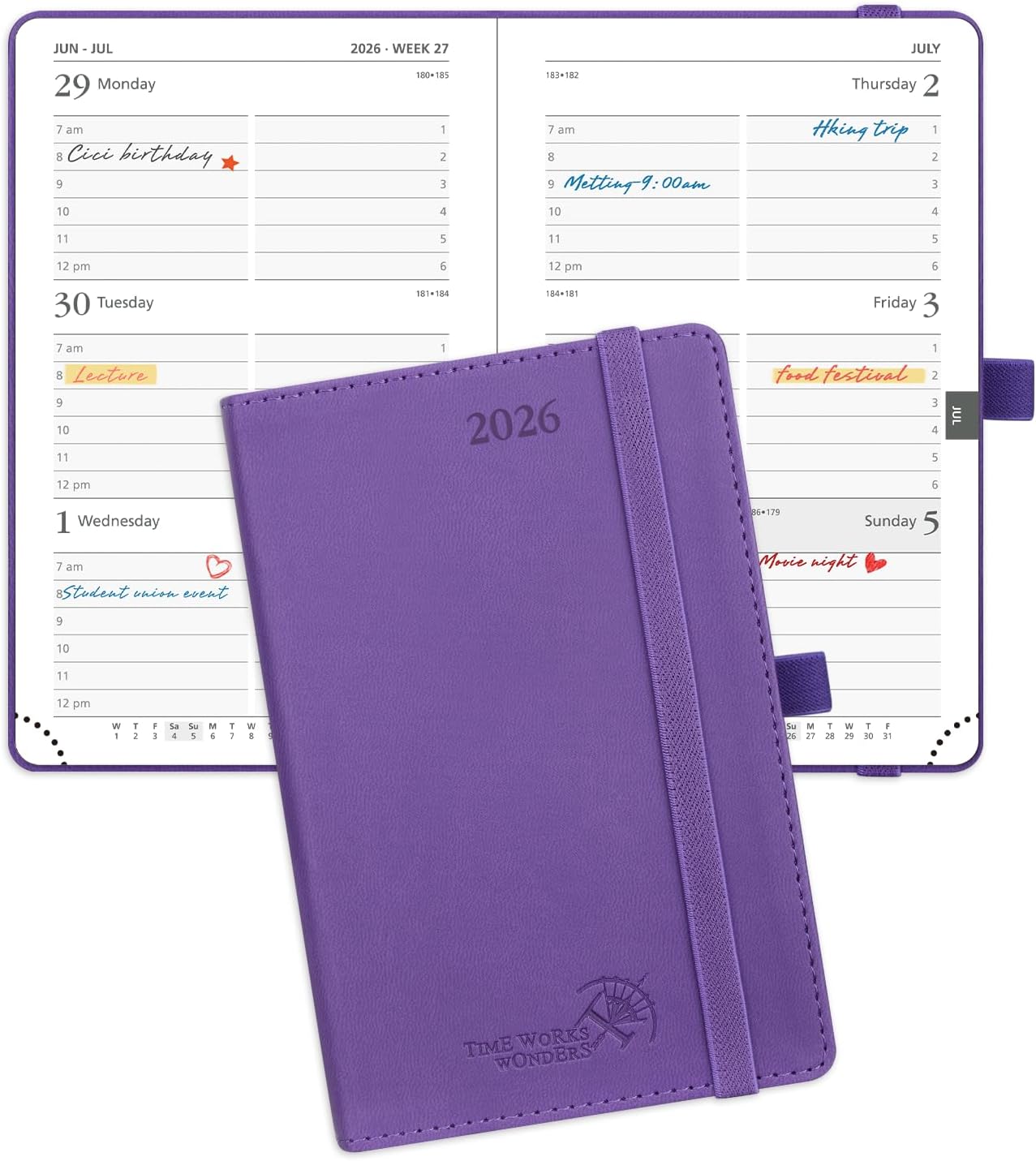 POPRUN Pocket Calendar 2026 (Small Size- 4'' x 6.25") Weekly and Monthly for Purse - Planner 2026 (Jan. 2026 - Dec. 2026) with Vegan Leather Soft Cover, Pen Holder and More - Purple