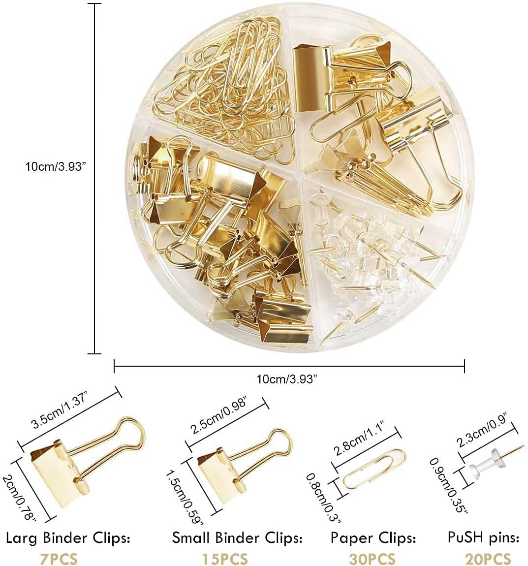 Paper Clips and Binder Clips Set, Metal Assorted Sized Binders with Push Pins, Cute Office Supplies for Desk, Desk Accessories (Gold Set of 3)