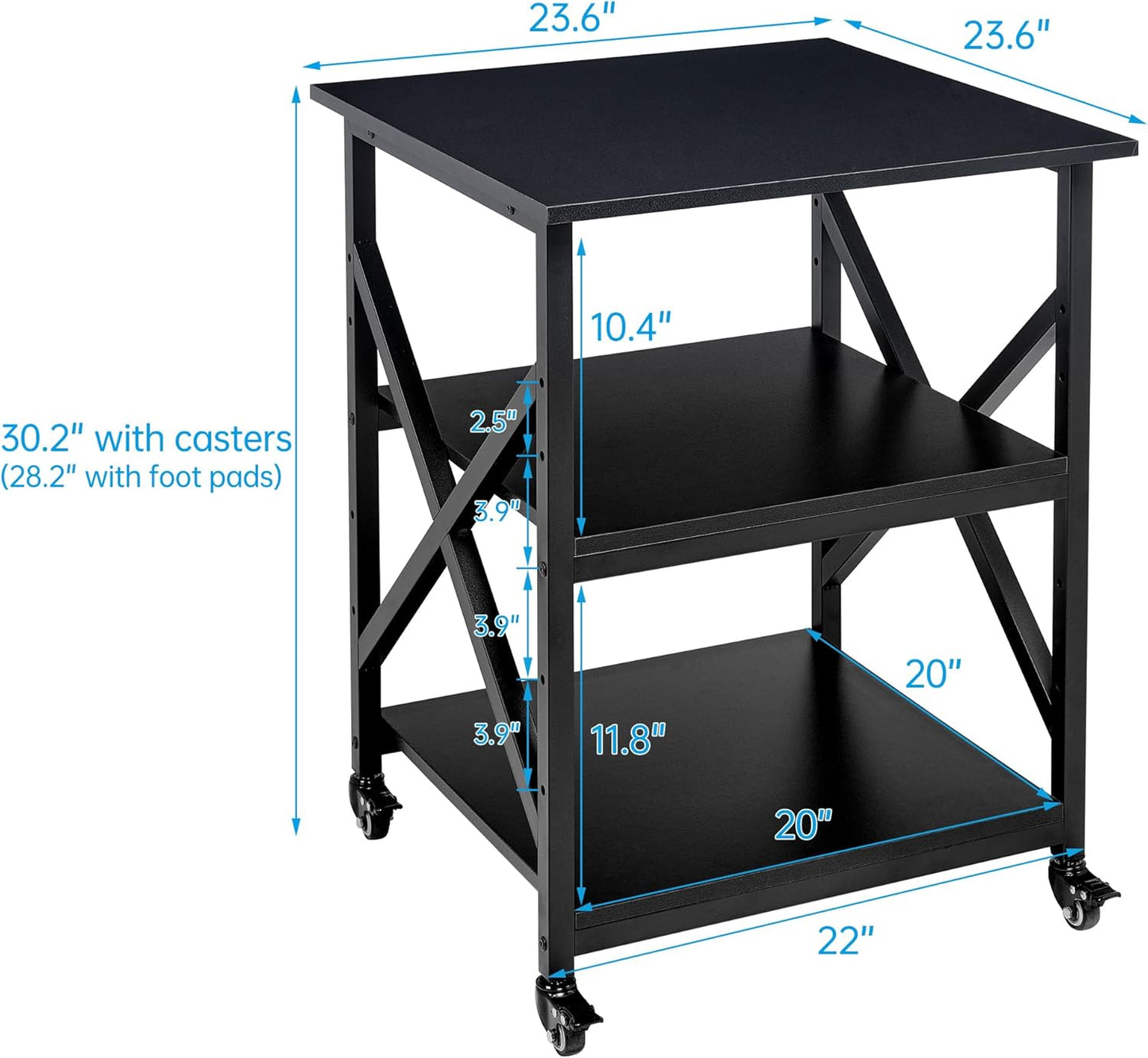 Printer Stand, 23.6 x 23.6 x 30.1 Inches Large Square Printer Table with Height Adjustable Storage Shelf, 3 Tier Rolling Printer Cart with Industrial Wheels for Home Office - Black