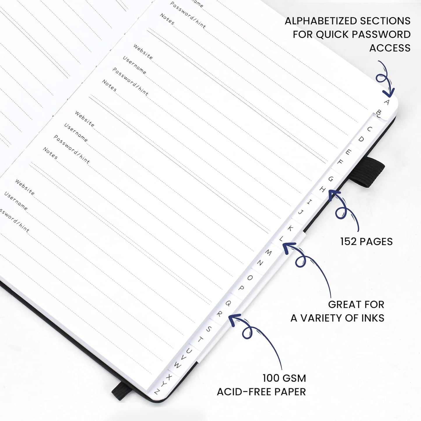 Password Book with Alphabetical Tabs, Hardcover Password Keeper, A5 Size 8.3"x6" Password Notebook for Saving Internet Login, Username, Password Organizer for Computer & Website Logins(Black)