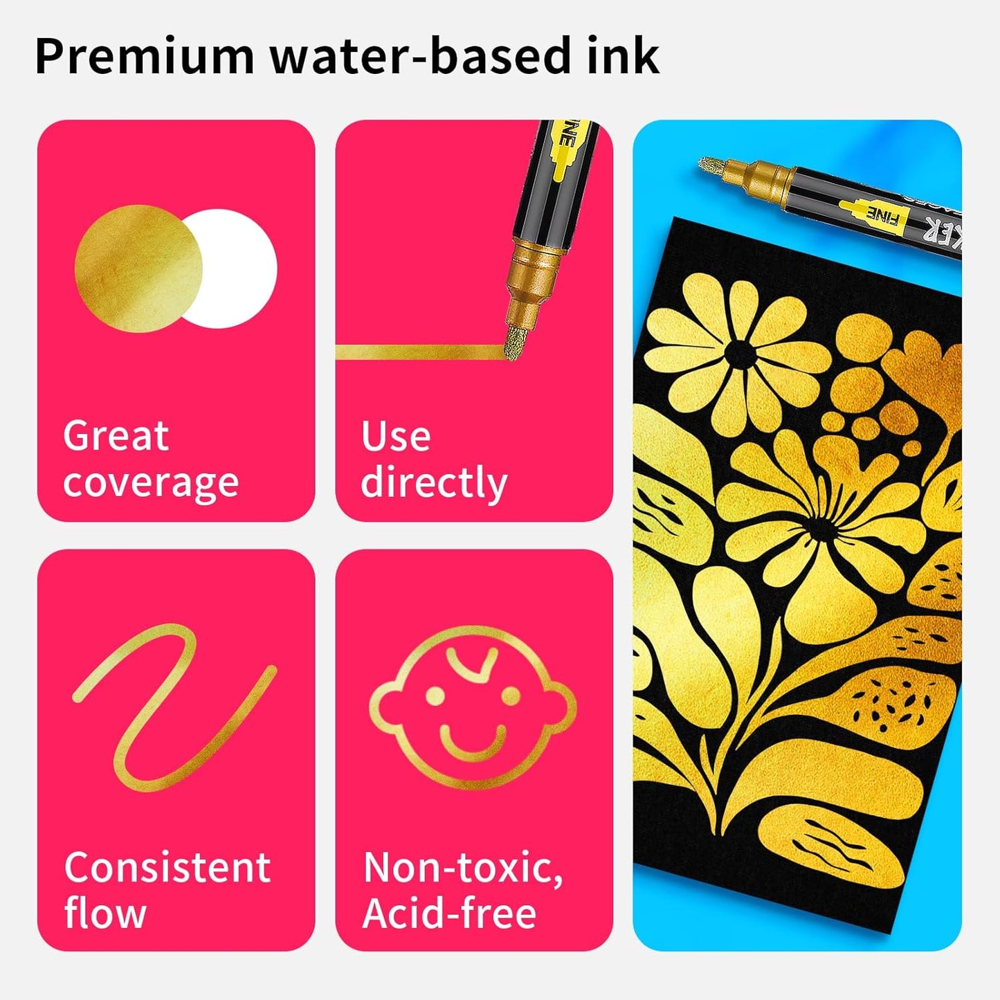 NAWOD 3 Gold Acrylic Paint Pens Markers, Dual Tip (Fine 1mm + Dot 5mm), for Rock Painting Fabric Canvas Glass Wood Ceramic Paper Eggs, Fabric Marker Ideal for Labeling DIY Crafts Art Projects