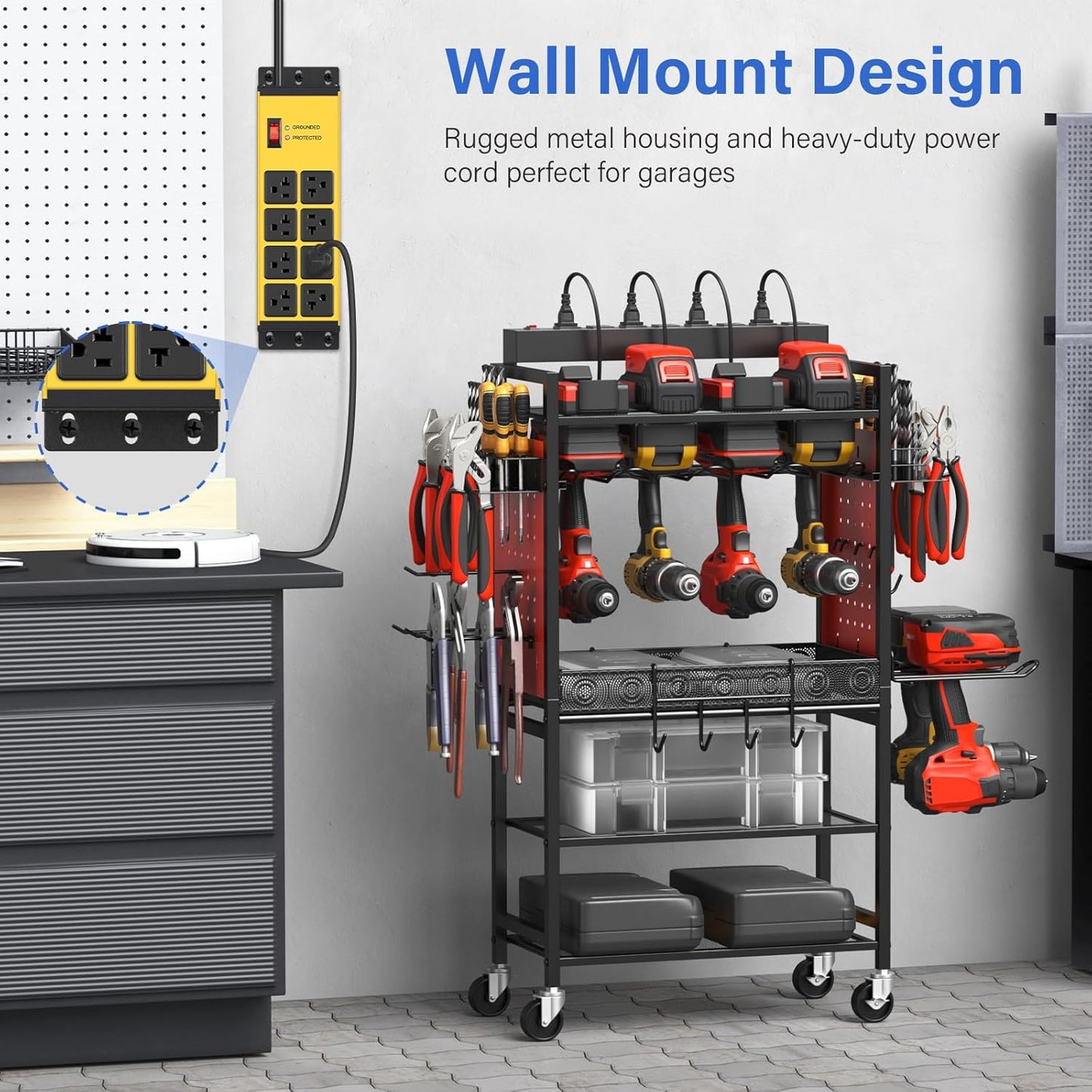 CCCEI Yellow Heavy Duty Power Strip Surge Protector 20 AMP, 8 Outlets 12 Gauge Industrial Shop Garage Metal Multiple Outlets, 25 FT Extension Cord 5-15P Adapter High Amp 6-20R T-Slot 20a for Appliance