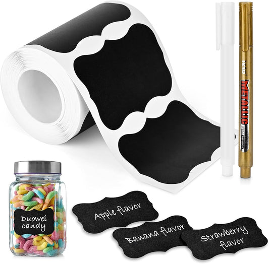Premium Chalkboard Labels Set - 120 Removable Stickers with 2 Bonus Chalk Markers | Waterproof & Reusable | Ideal for Food Containers, Mason Jars, Pantry, Bottles