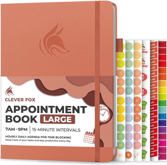 Clever Fox Appointment Book – Hourly Schedule Planner with 15-Minute Increments – Time Box Planner for Daily Work & To-Dos – Weekly & Monthly Spreads, Undated, Hardcover, 8.3x11″ (Terracotta)